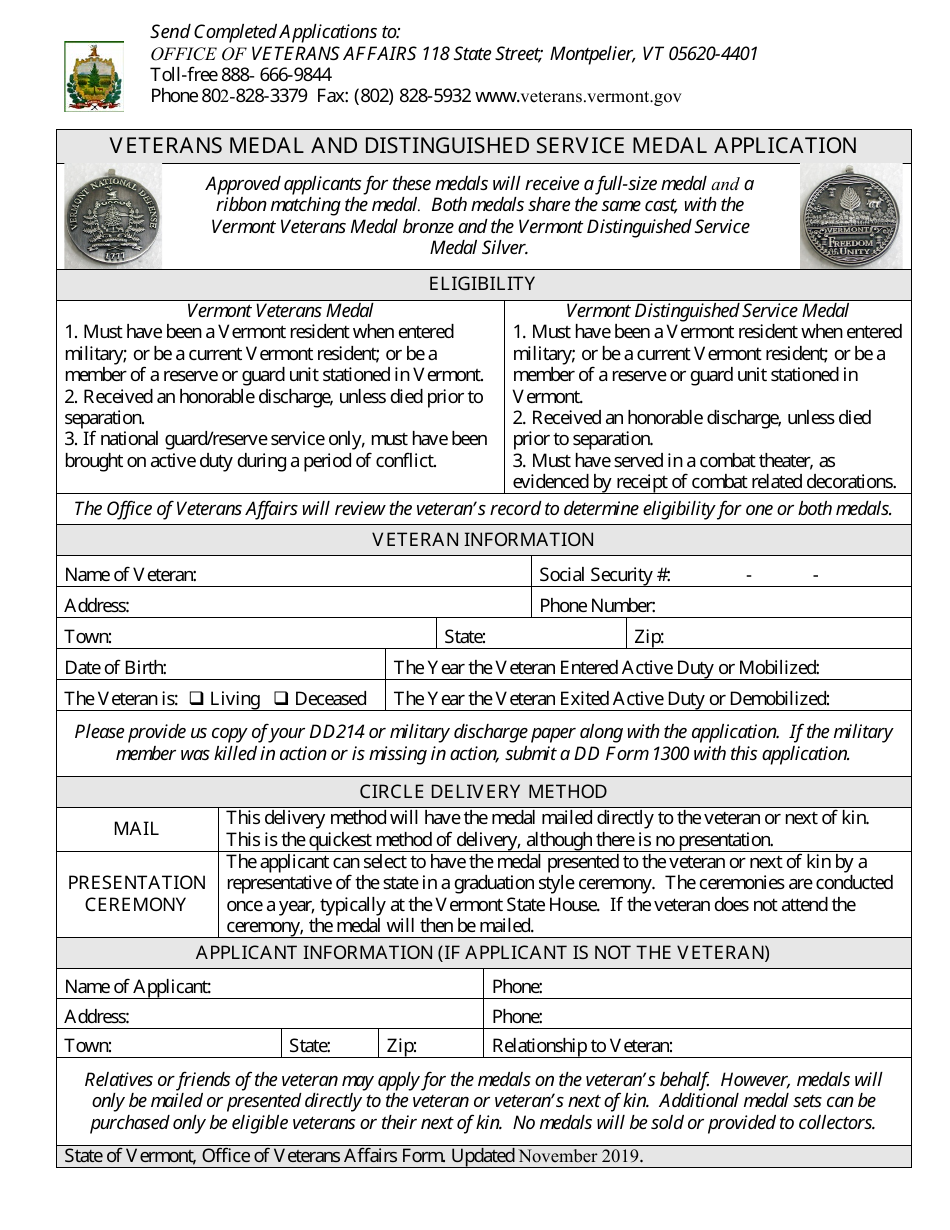 Vermont Veterans Medal And Distinguished Service Medal Application