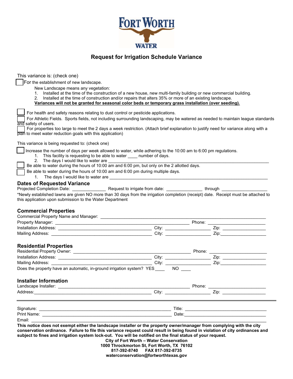 City Of Fort Worth Texas Request For Irrigation Schedule Variance