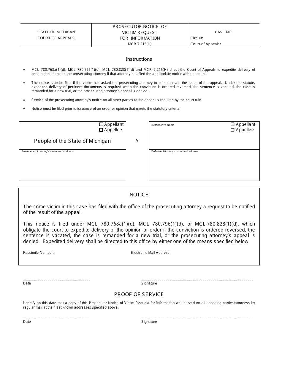 Michigan Prosecutor Notice Of Victim Request For Information Fill Out