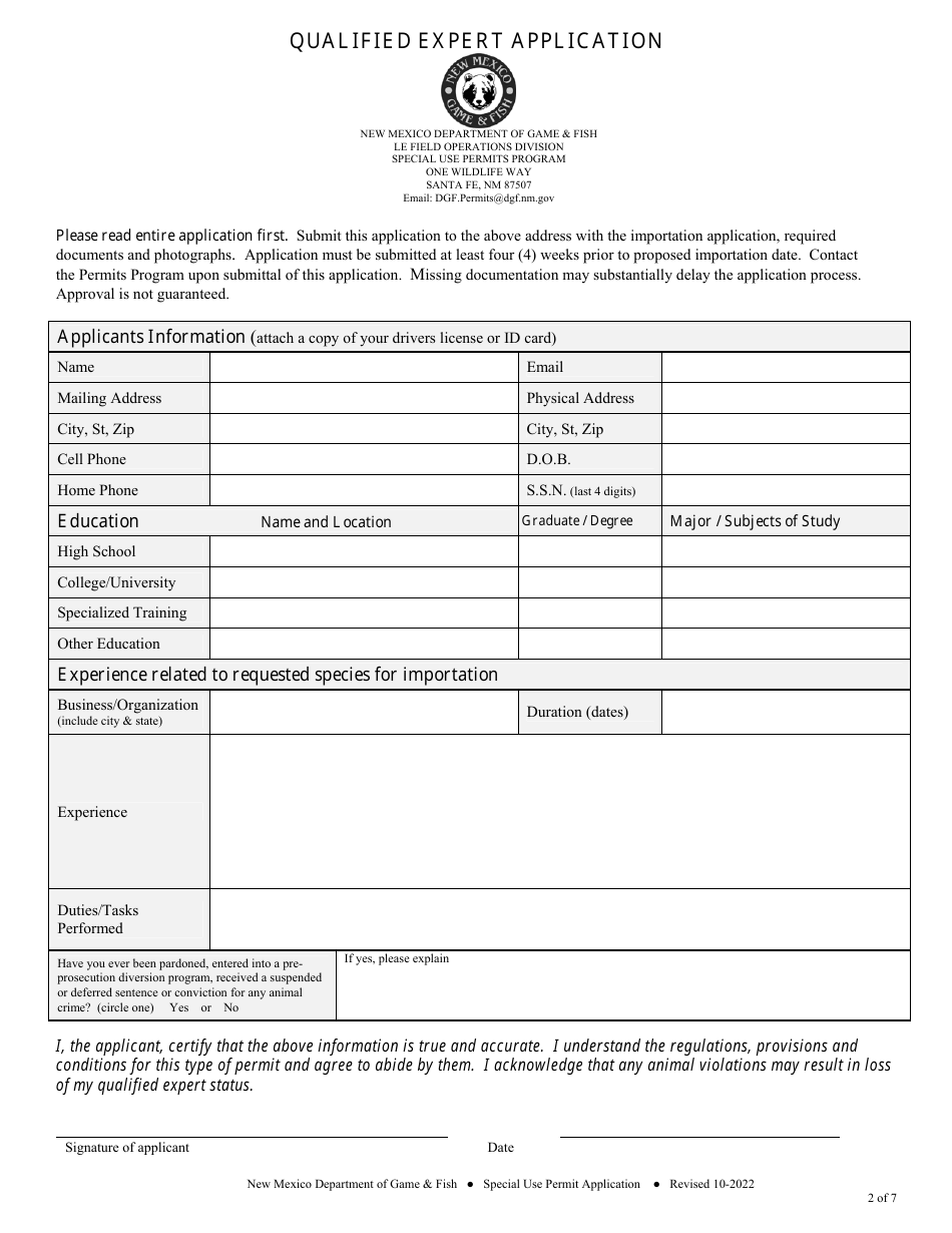 New Mexico Qualified Expert Importation Application Fill Out Sign