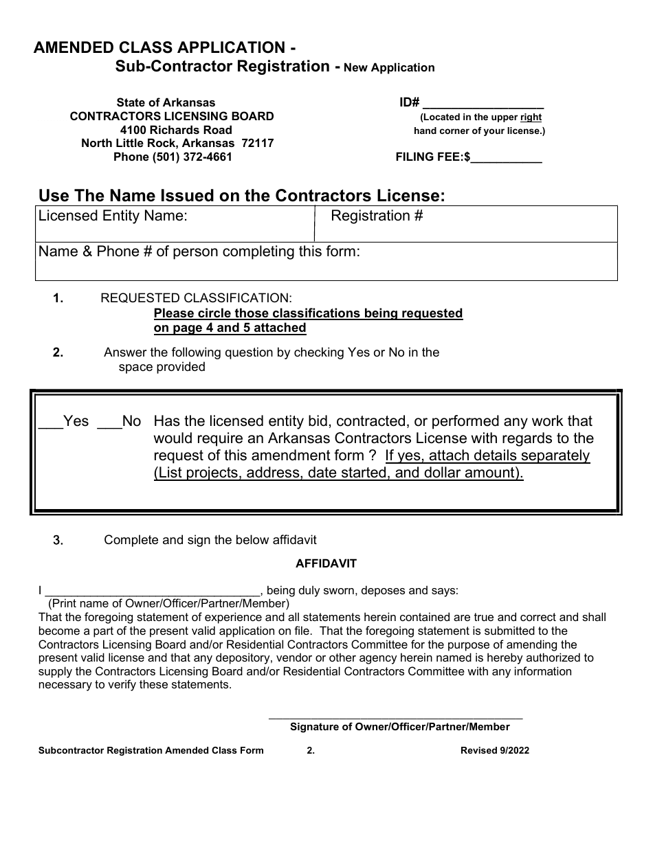 Arkansas Amended Class Application Sub Contractor Registration New