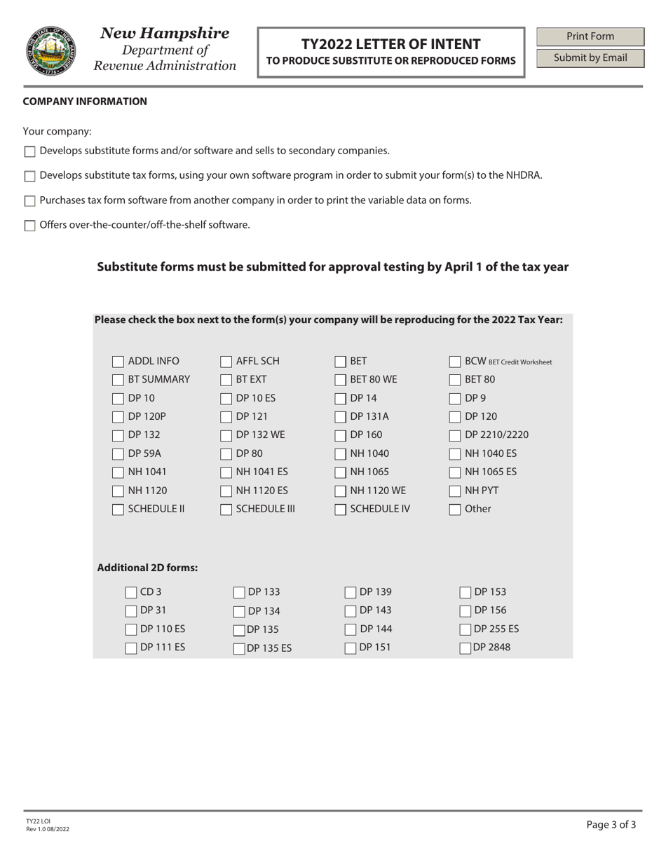 New Hampshire Letter Of Intent To Produce Substitute Or Reproduced