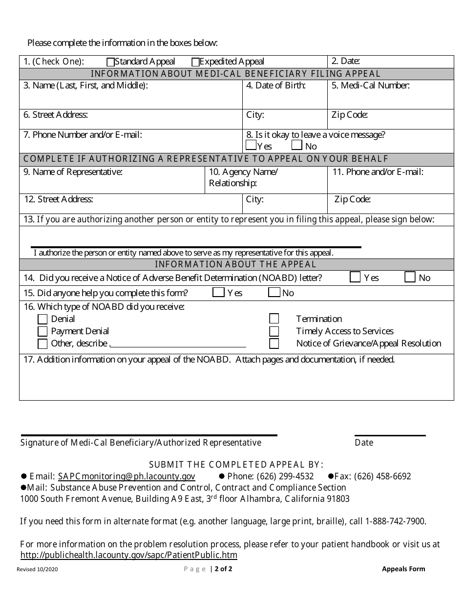 County Of Los Angeles California Appeal Form Fill Out Sign Online