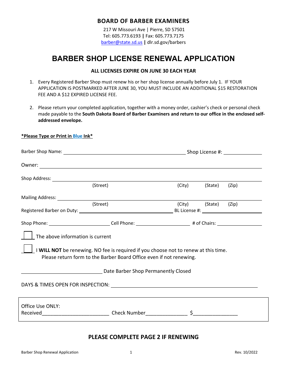 South Dakota Barber Shop License Renewal Application Fill Out Sign