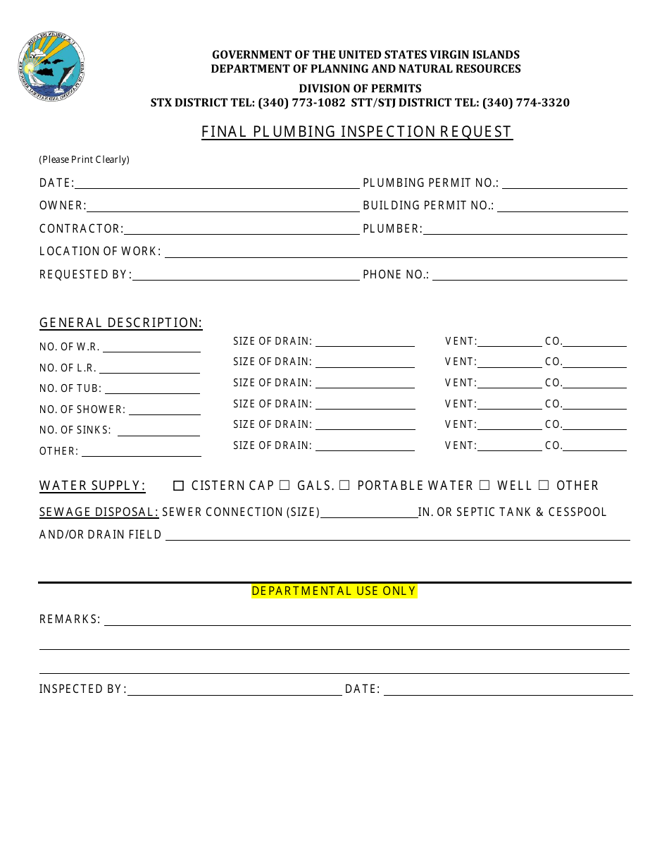 Virgin Islands Final Plumbing Inspection Request Fill Out Sign