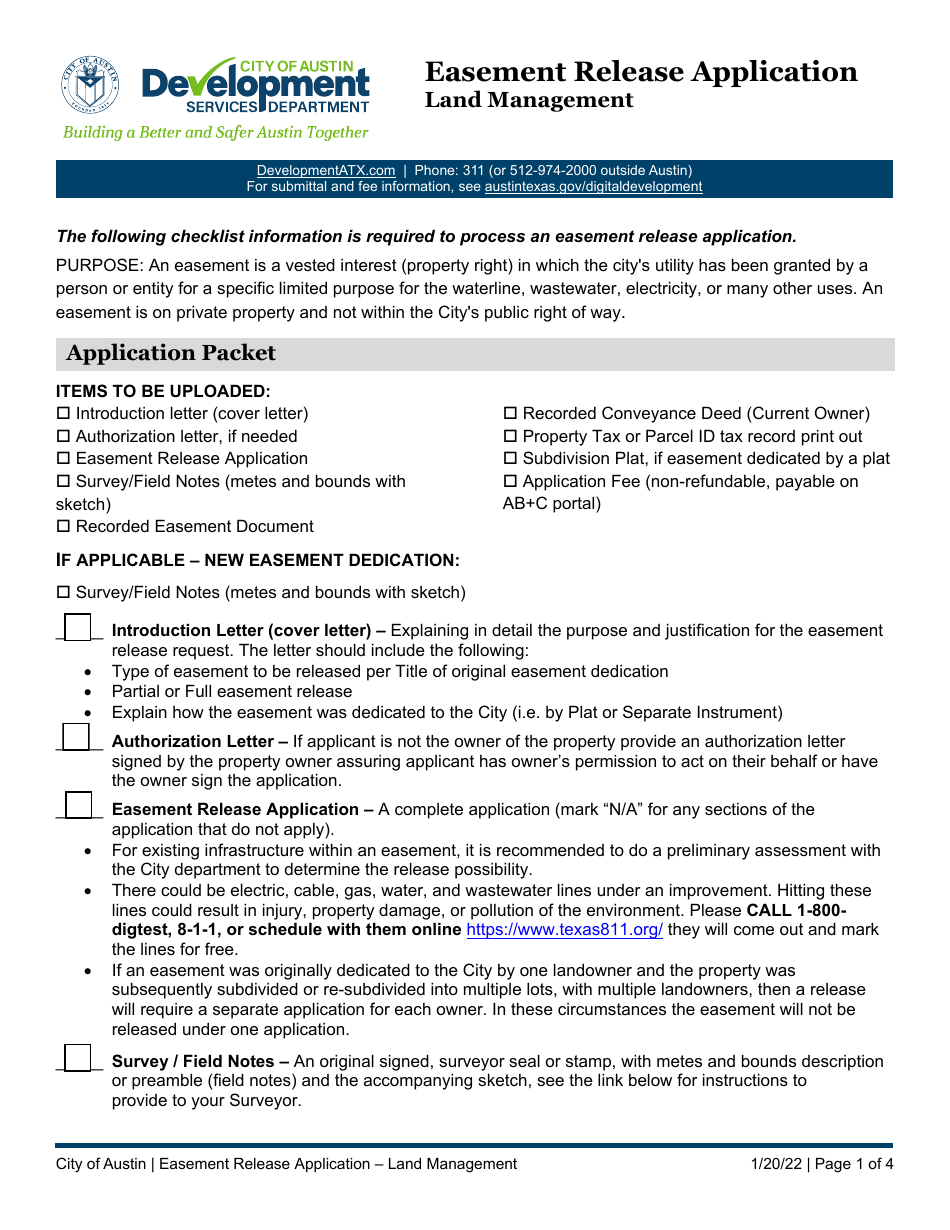 City Of Austin Texas Easement Release Application Land Management