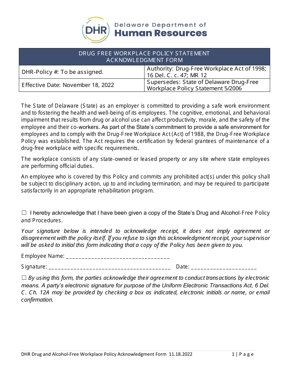 Delaware Drug Free Workplace Policy Statement Acknowledgment Form