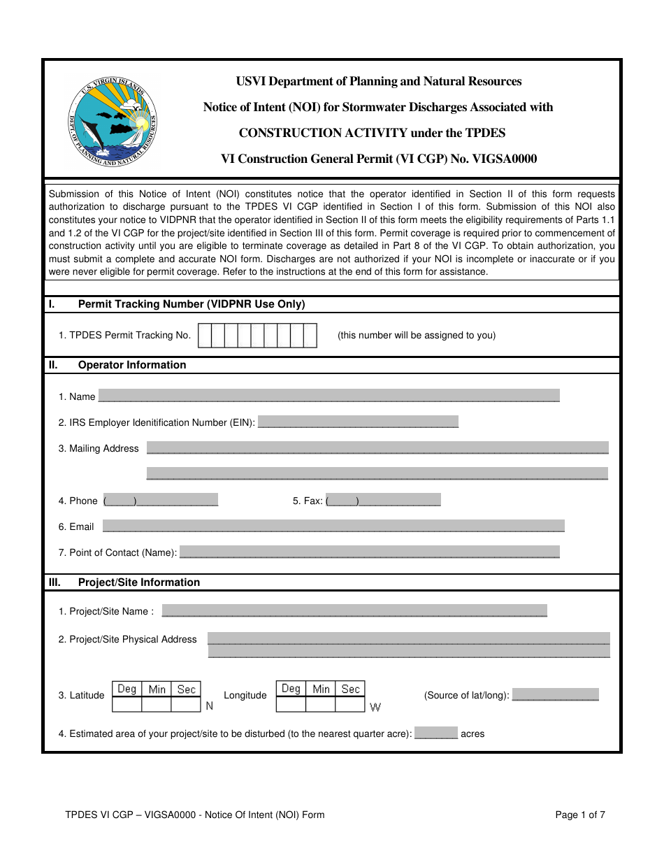 Virgin Islands Notice Of Intent Noi For Stormwater Discharges