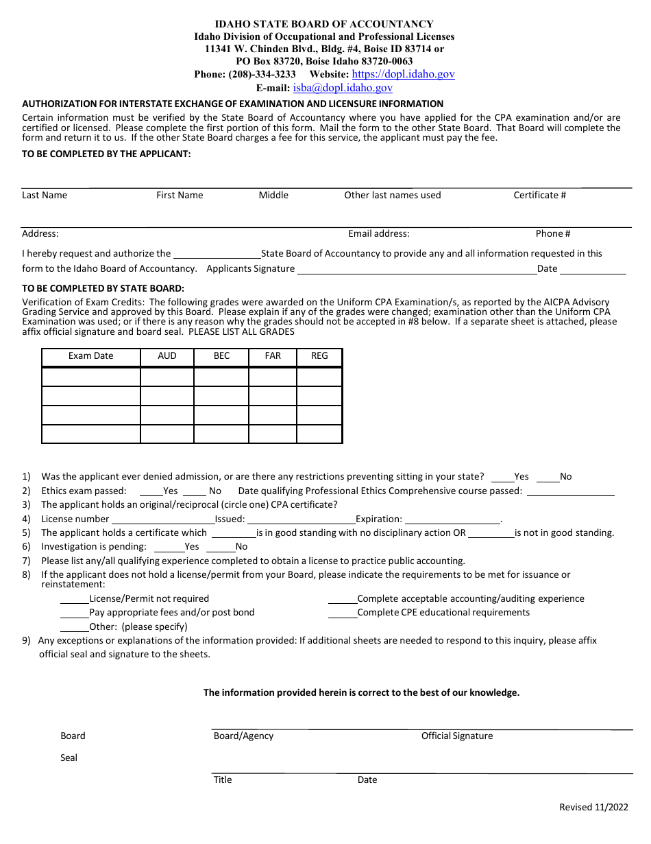 Idaho Authorization For Interstate Exchange Of Examination And