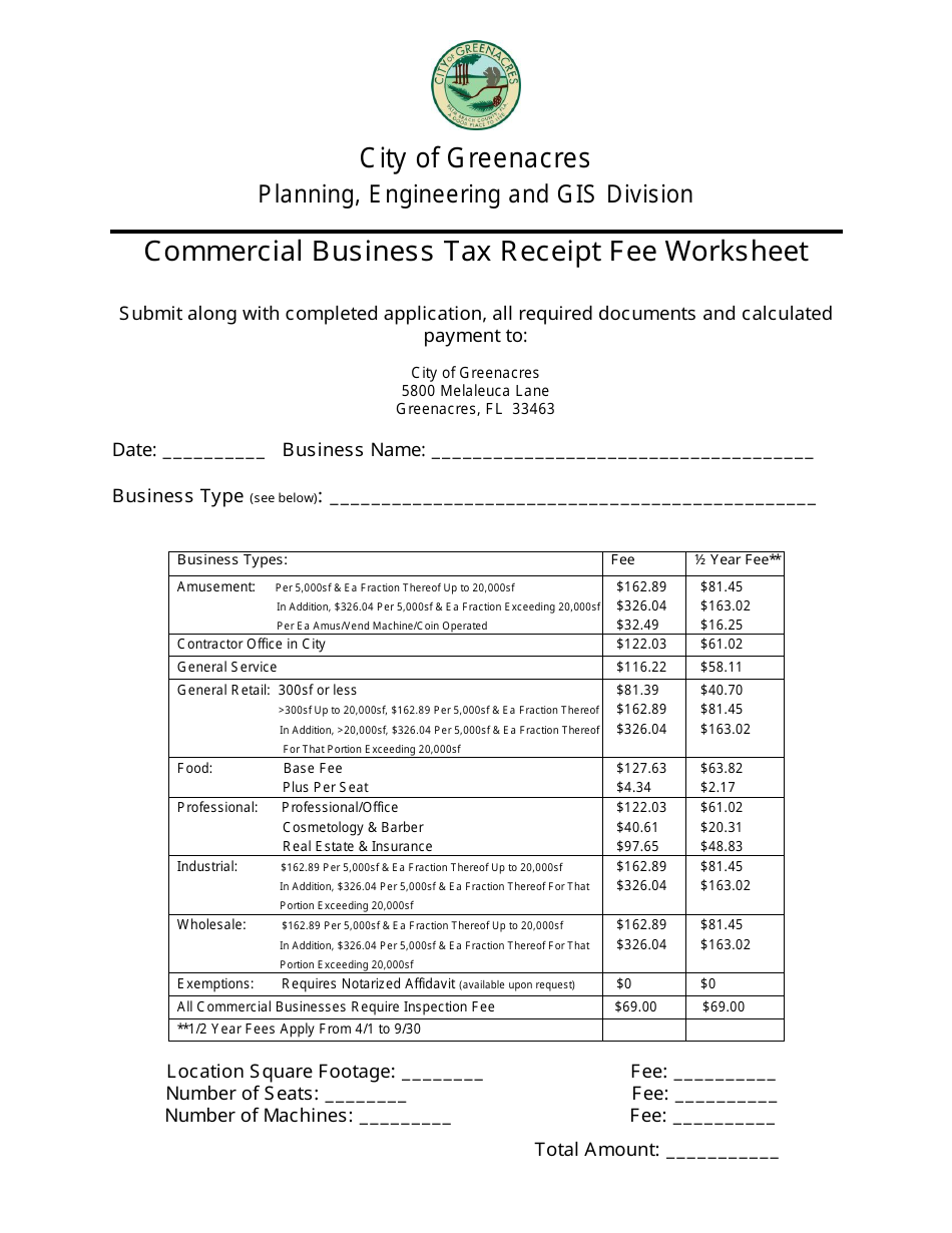 City Of Greenacres Florida Commercial Business Tax Receipt Fee