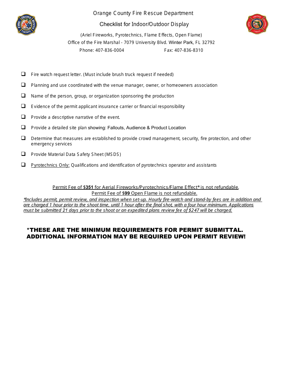 Orange County Florida Pyrotechnics Open Flame Permit Application