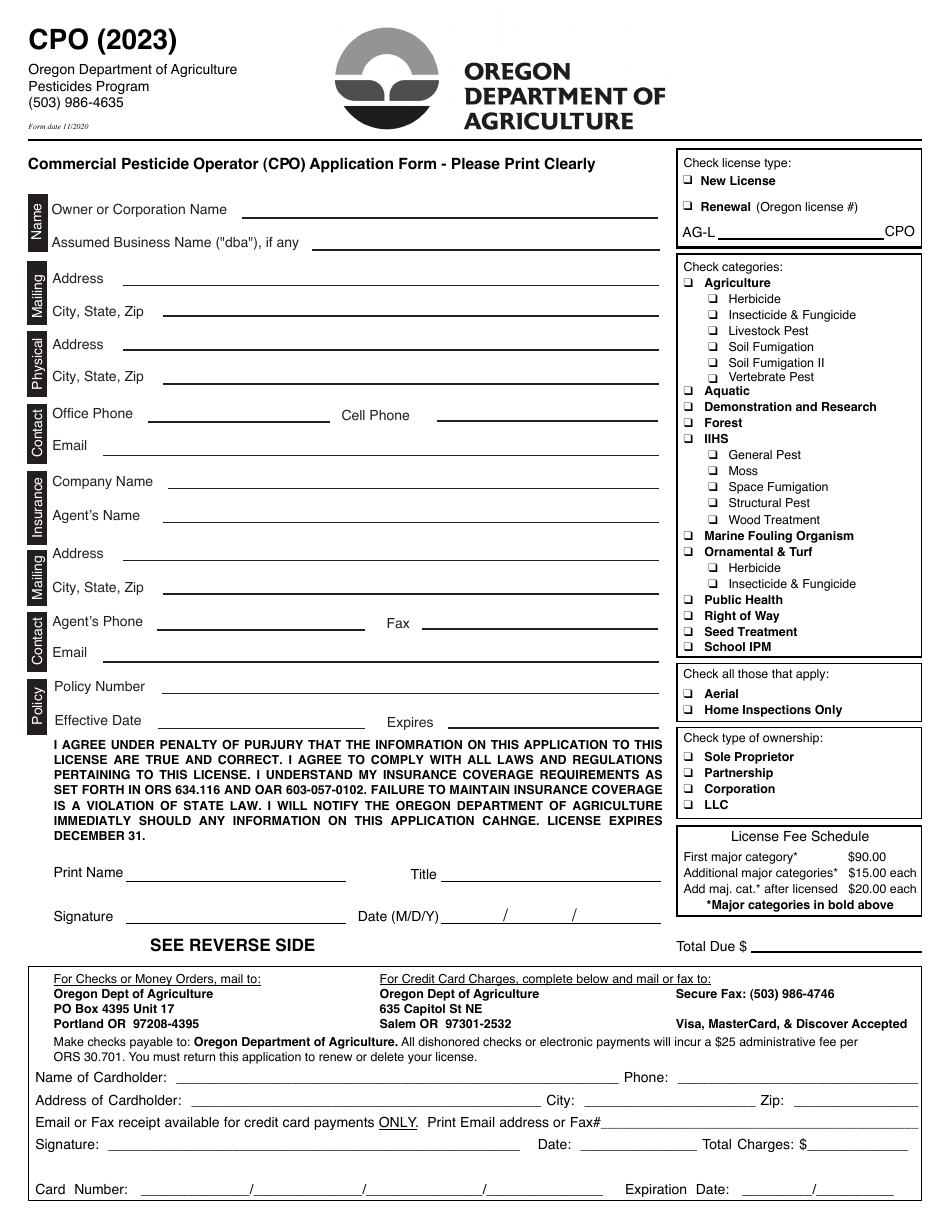 2023 Oregon Commercial Pesticide Operator Cpo Application Form