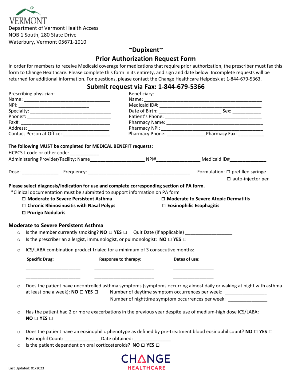 Vermont Dupixent Prior Authorization Request Form Fill Out Sign