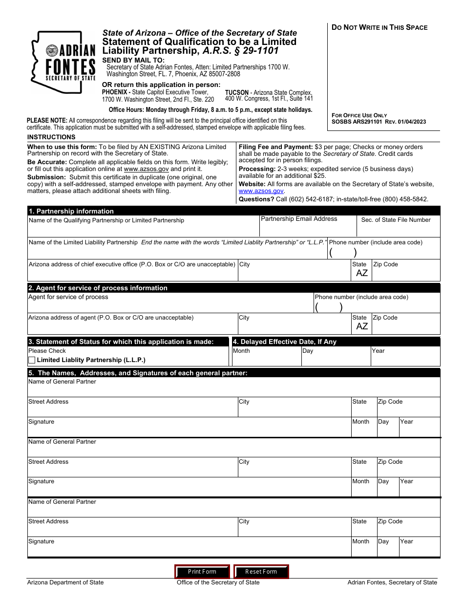 Arizona Statement Of Qualification To Be A Limited Liability