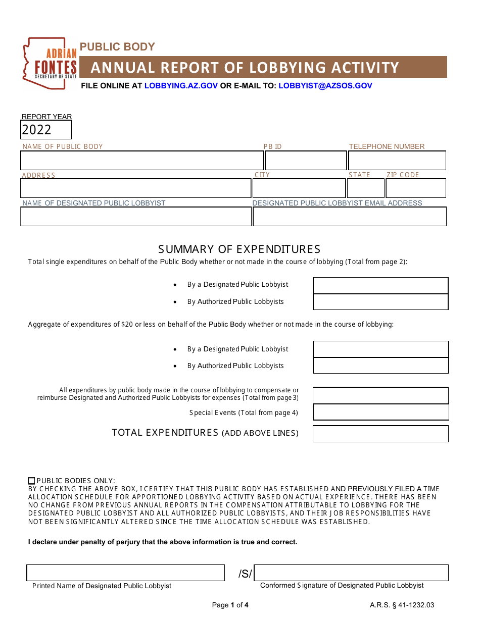 2023 Arizona Annual Report Of Lobbying Activity Public Body Fill