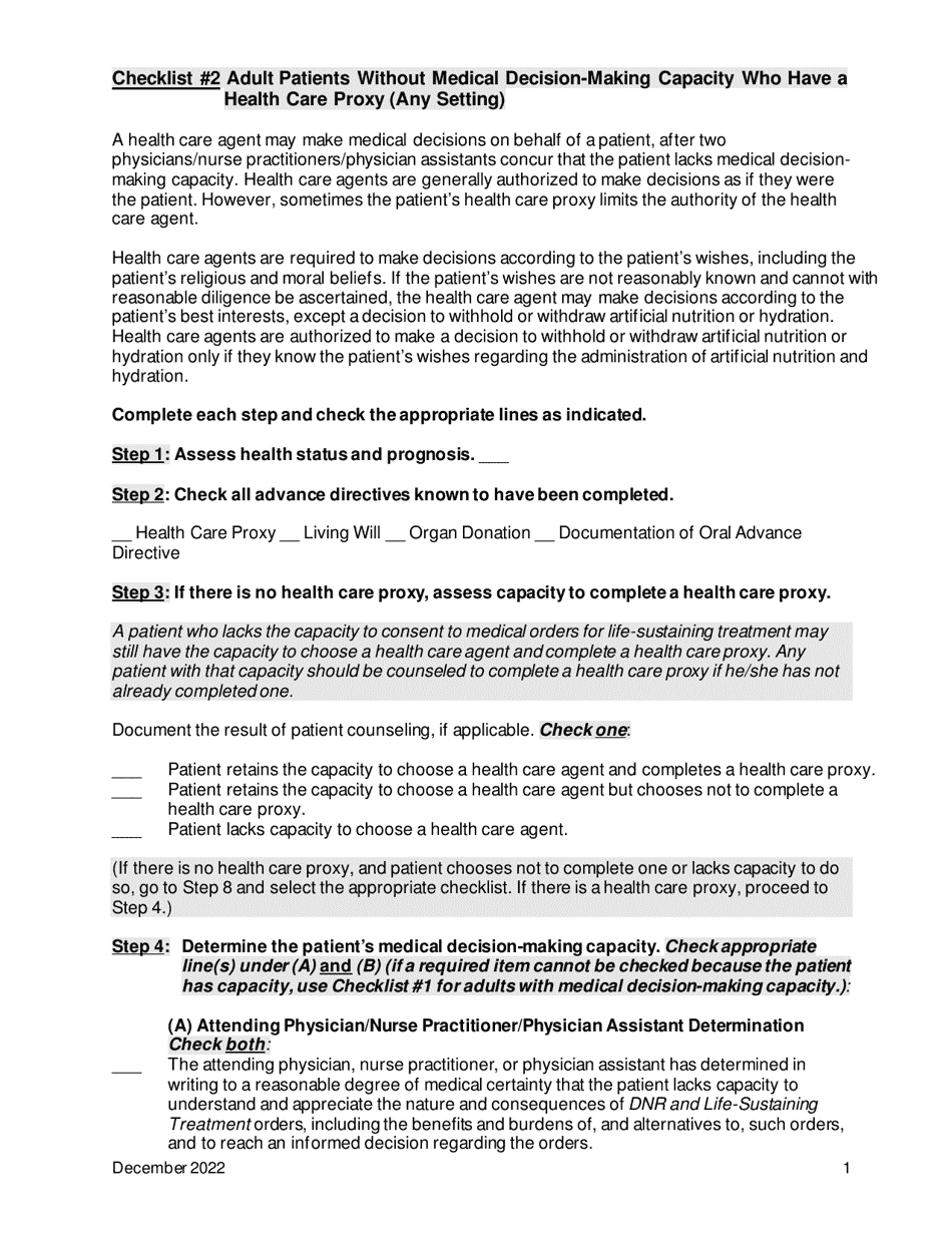 New York Checklist Adult Patients Without Medical Decision Making