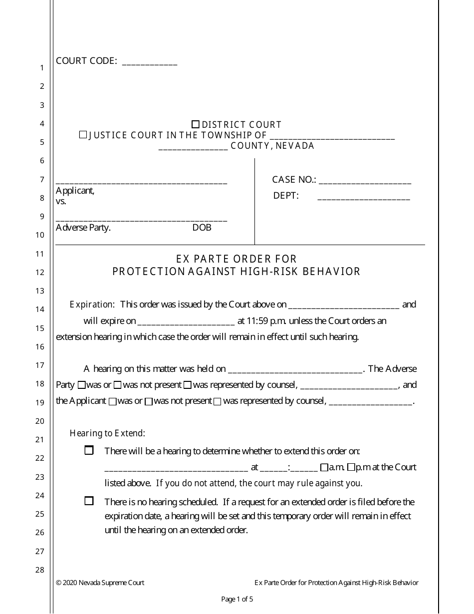 Nevada Ex Parte Order For Protection Against High Risk Behavior Fill