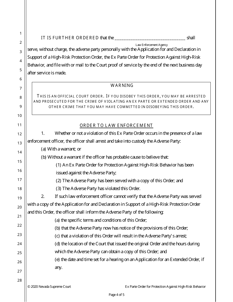 Nevada Ex Parte Order For Protection Against High Risk Behavior Fill