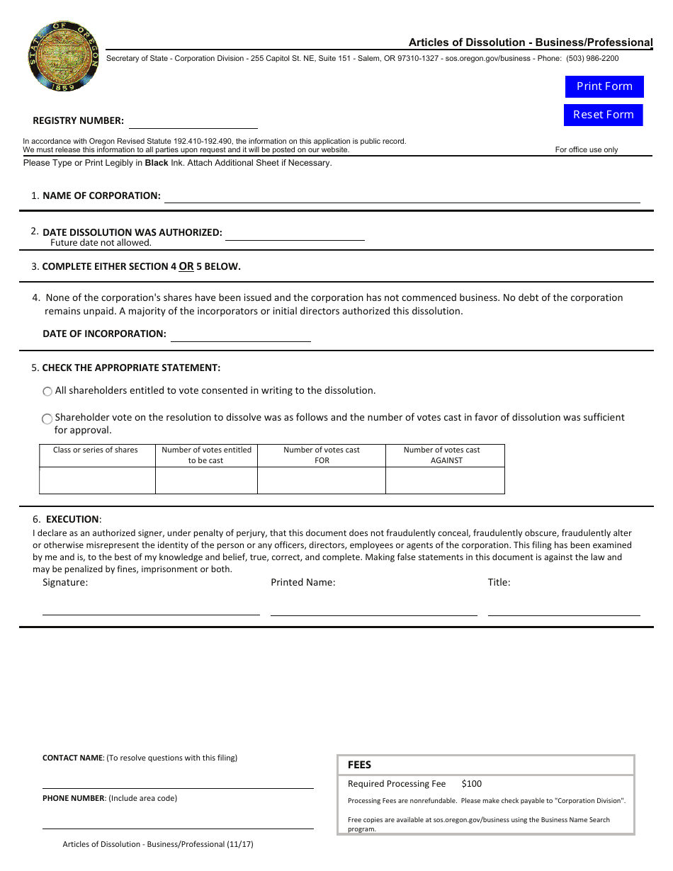 Oregon Articles Of Dissolution Business Professional Fill Out Sign