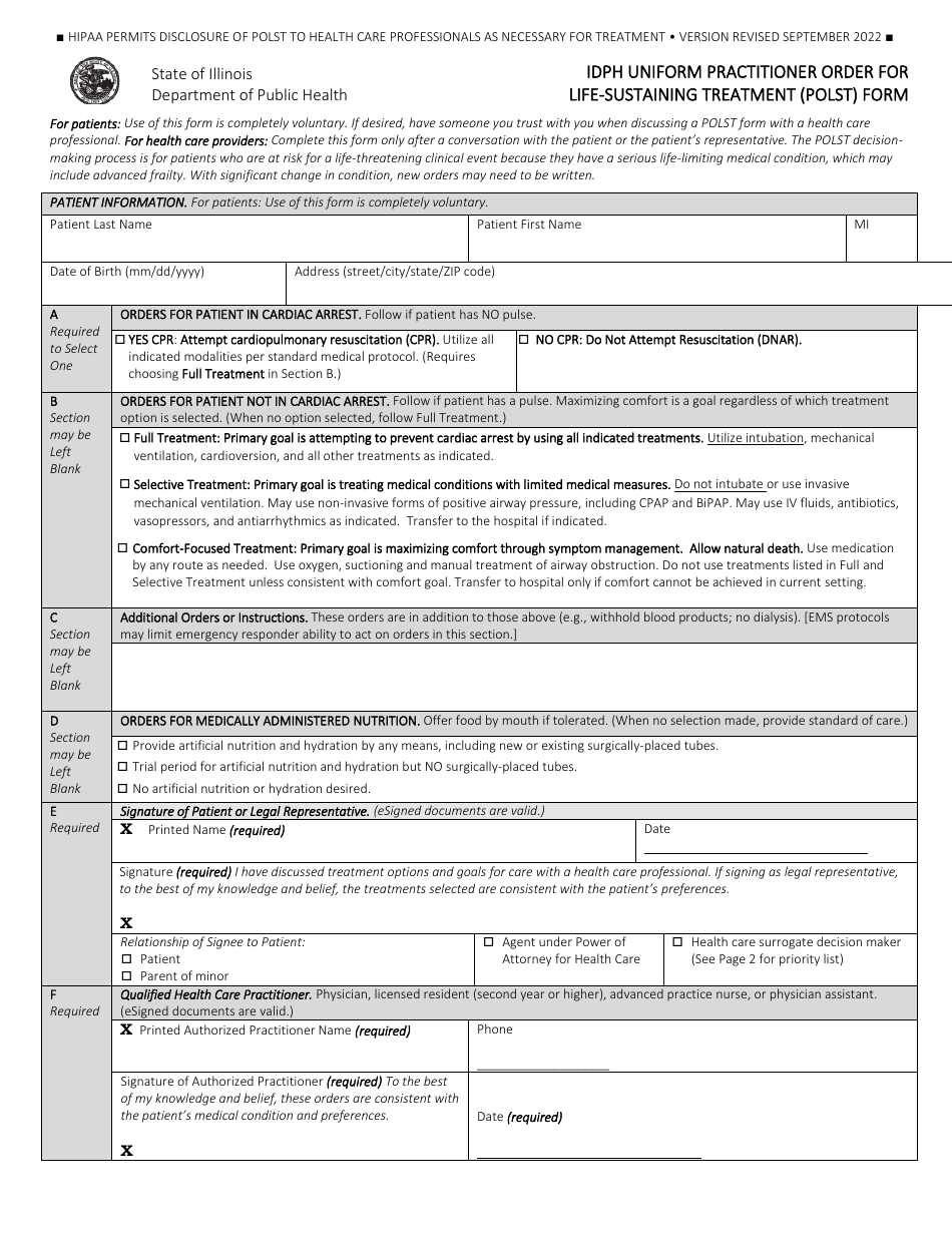 Illinois Idph Uniform Practitioner Order For Life Sustaining Treatment