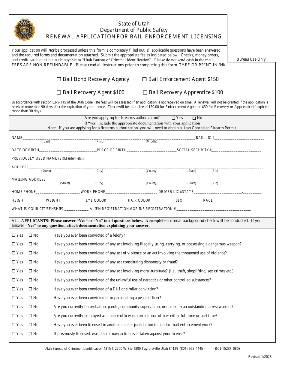 Utah Renewal Application For Bail Enforcement Licensing Fill Out