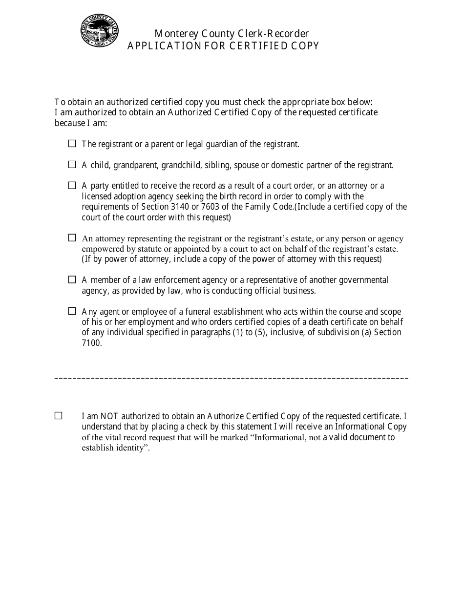 Monterey County California Application For Certified Copy Birth Non