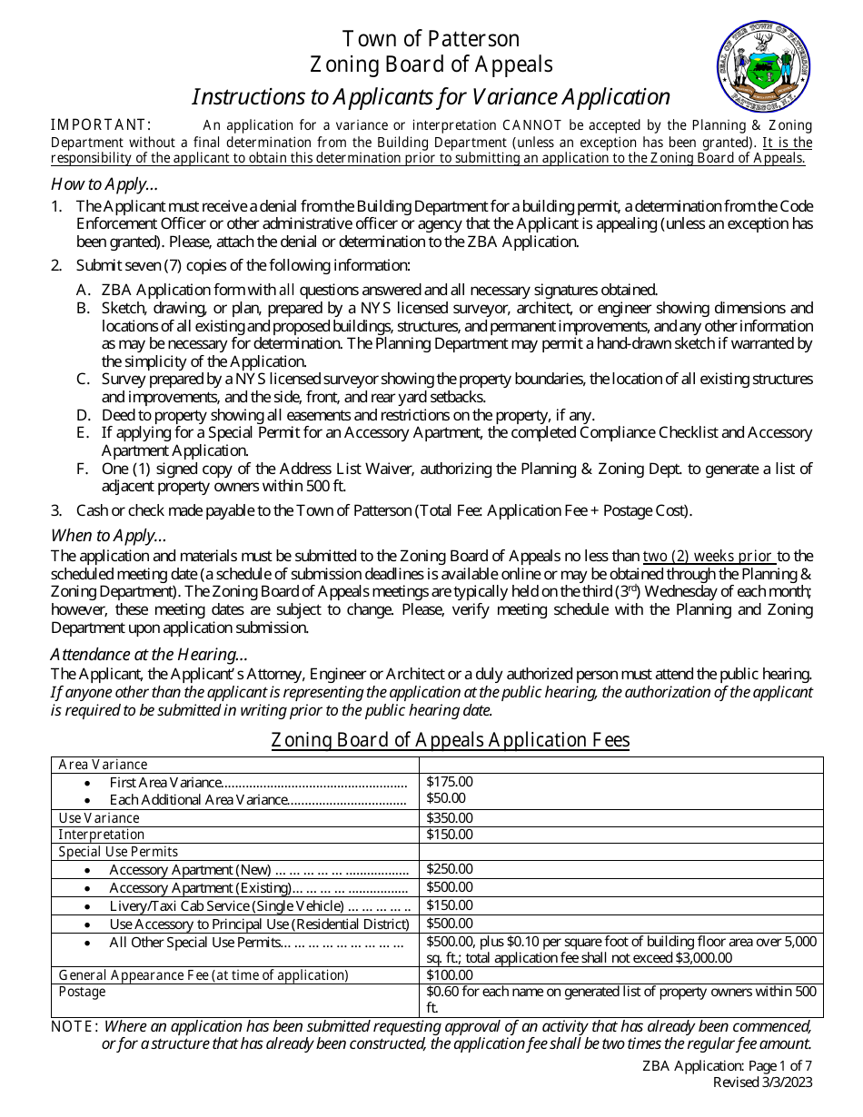 Town Of Patterson New York Application Form For A Zoning Variance