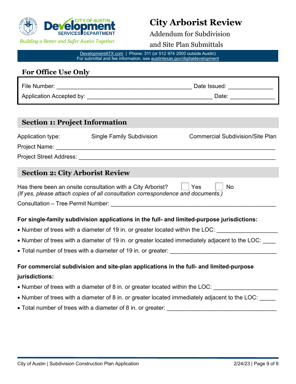 City Of Austin Texas Subdivision Construction Plan Application