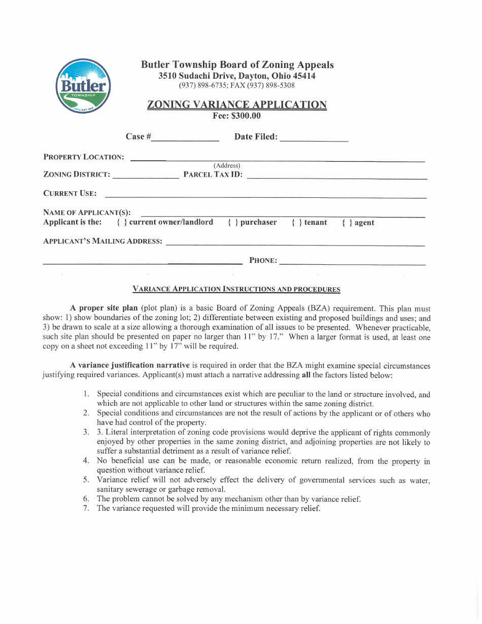 Butler Township Ohio Zoning Variance Application Fill Out Sign