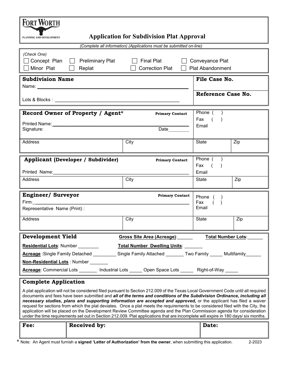 City Of Fort Worth Texas Preliminary Plat Application Fill Out Sign