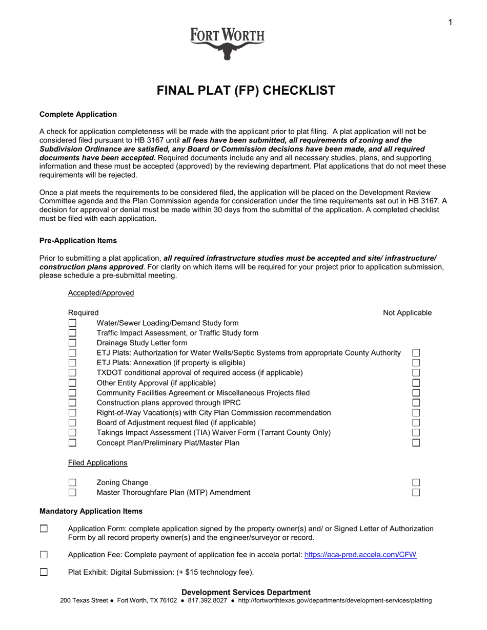 City Of Fort Worth Texas Final Plat Application Fill Out Sign