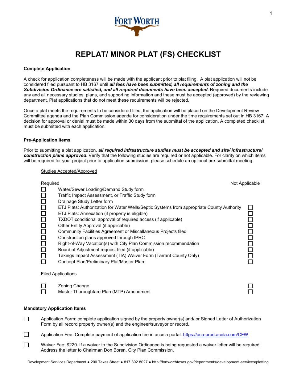 City Of Fort Worth Texas Application For Subdivision Plat Approval