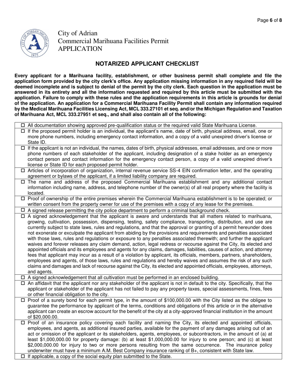 City Of Adrian Michigan Commercial Marihuana Facilities Permit