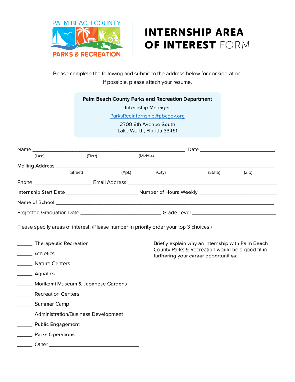 Palm Beach County Florida Internship Area Of Interest Form Fill Out