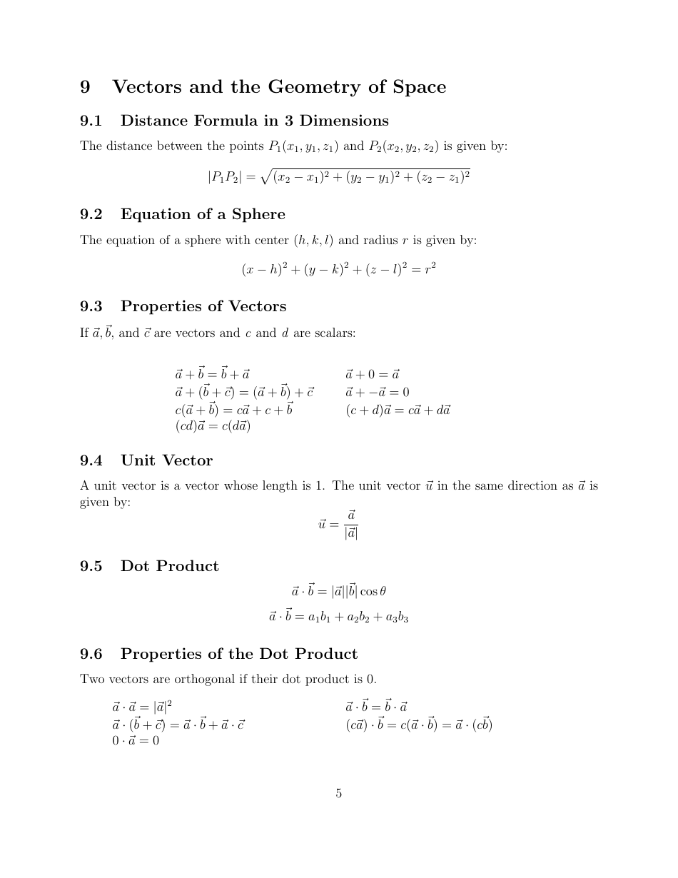 Math 21a Cheat Sheet Multivariable Calculus Tommy Macwilliam