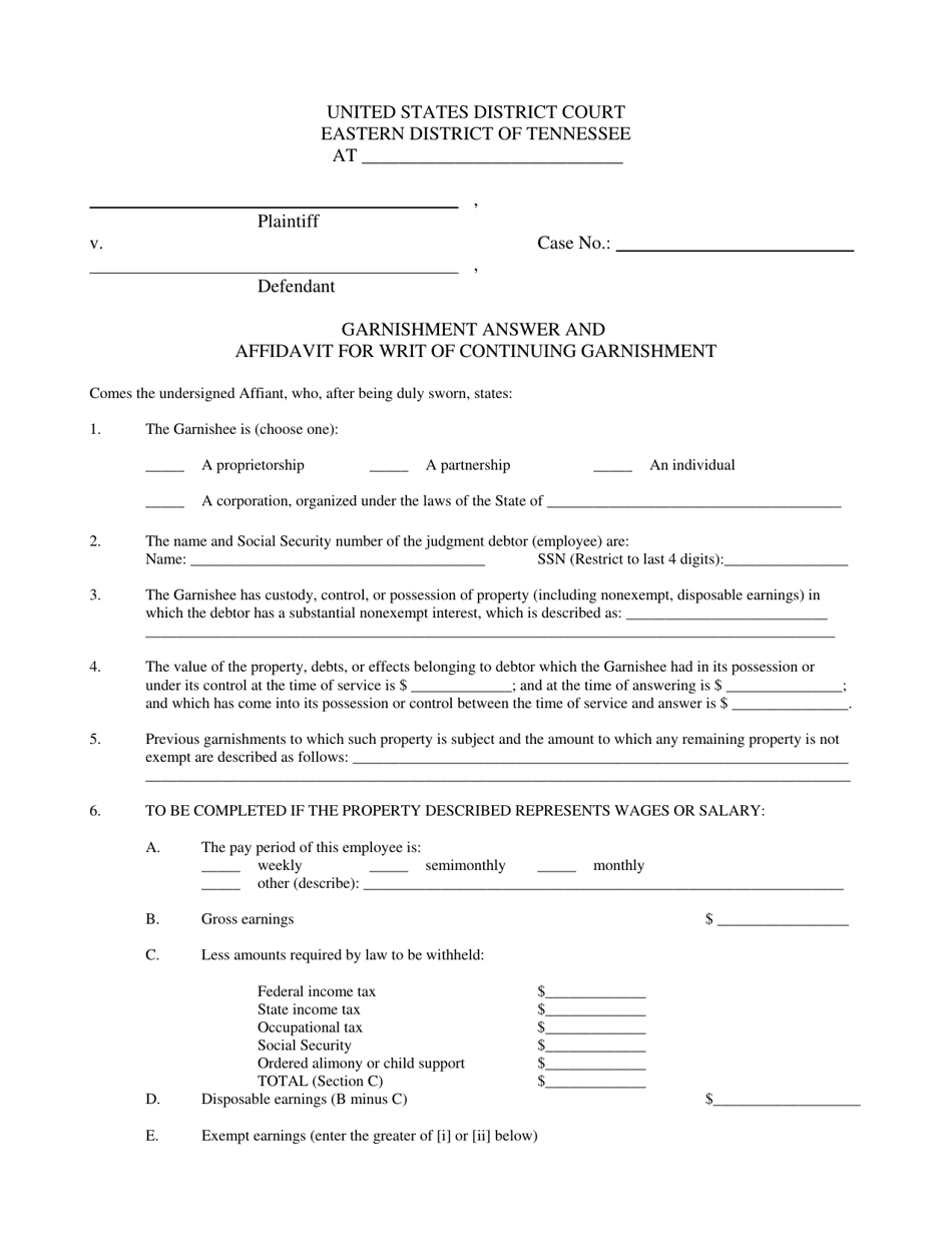 Tennessee Garnishment Answer And Affidavit For Writ Of Continuing