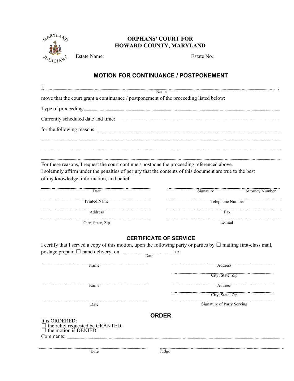 Howard County Maryland Motion For Continuance Postponement Fill Out