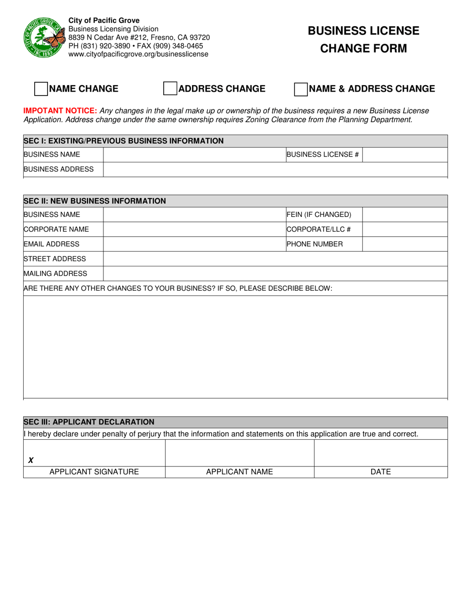 City Of Pacific Grove California Business License Change Form Fill