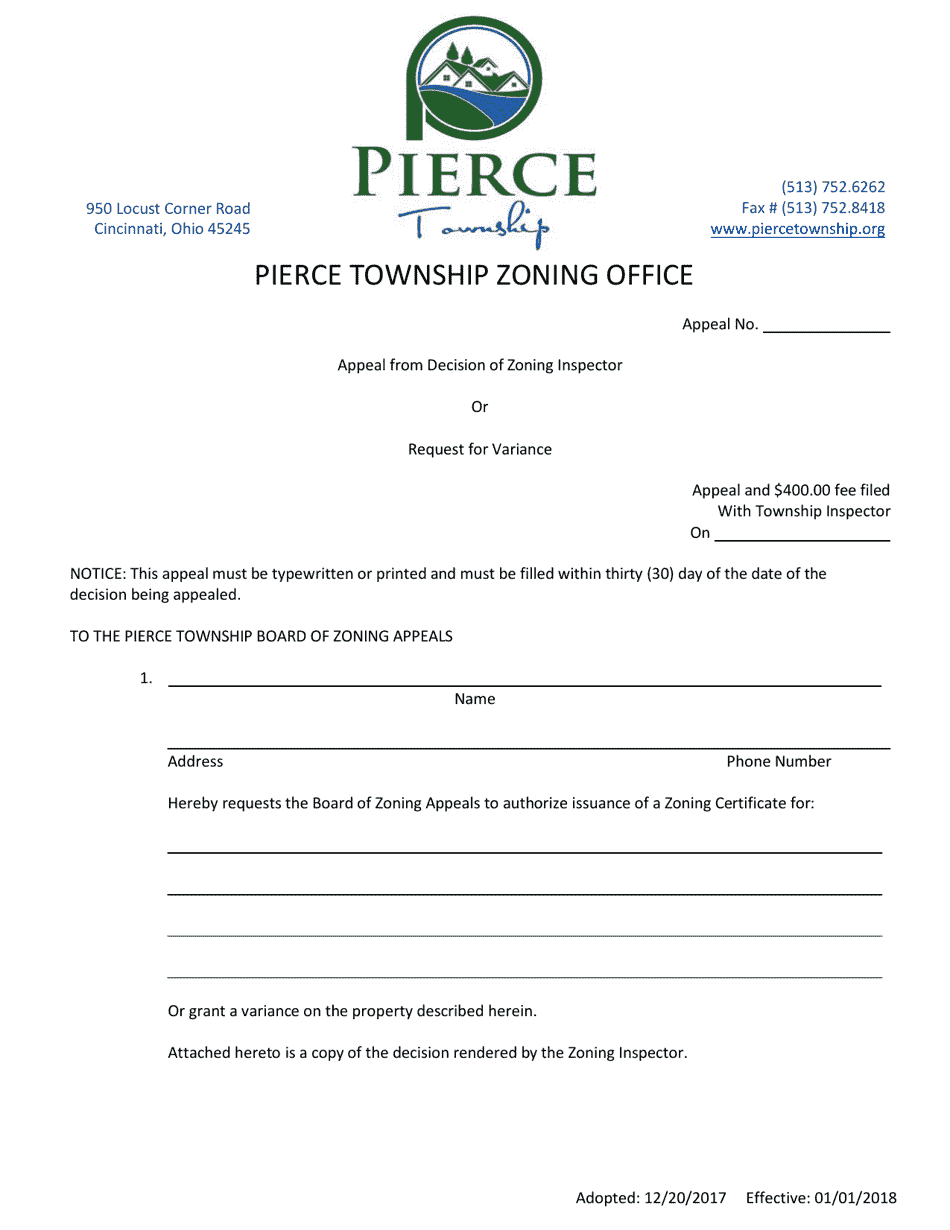 Pierce Township Ohio Appeal From Decision Of Zoning Inspector Or