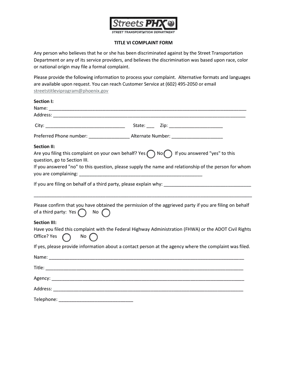 City Of Phoenix Arizona Title VI Complaint Form Fill Out Sign