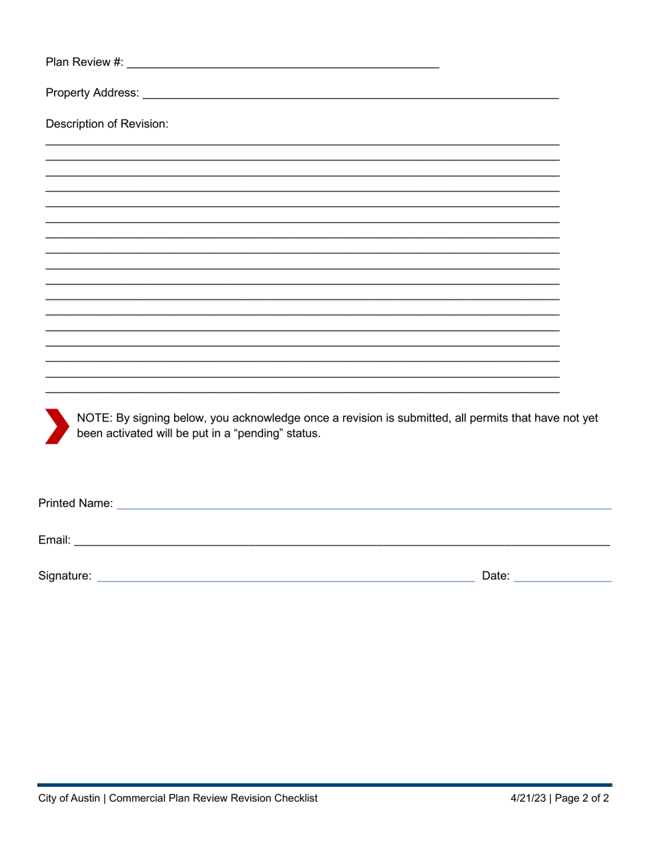 City Of Austin Texas Commercial Plan Review Revision Form Fill Out