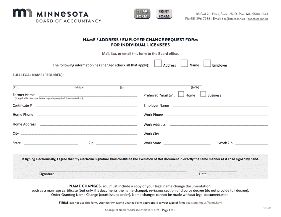 Minnesota Name Address Employer Change Request Form For Individual