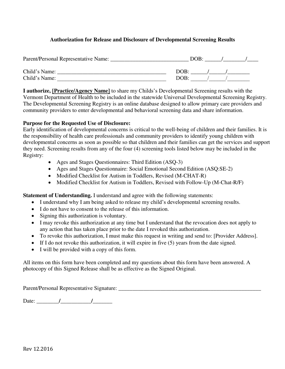 Vermont Authorization For Release And Disclosure Of Developmental