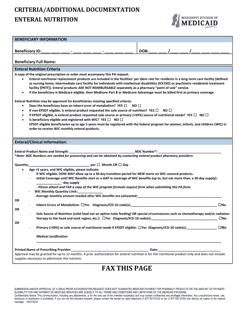 Mississippi Prior Authorization Packet Enteral Nutrition Fill Out