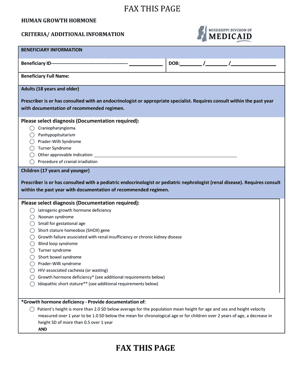 Mississippi Prior Authorization Packet Growth Hormone Fill Out