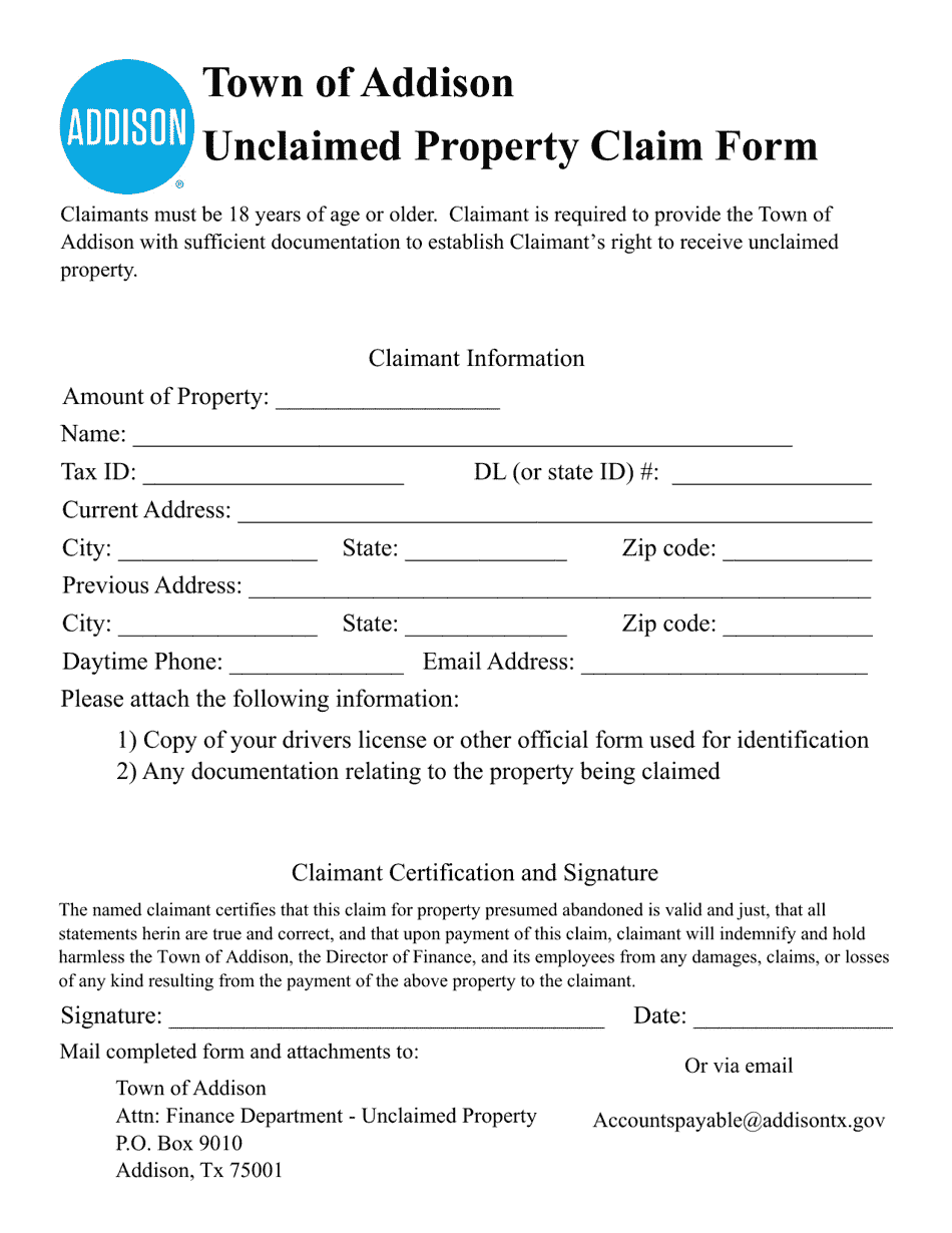 Town Of Addison Texas Unclaimed Property Claim Form Fill Out Sign