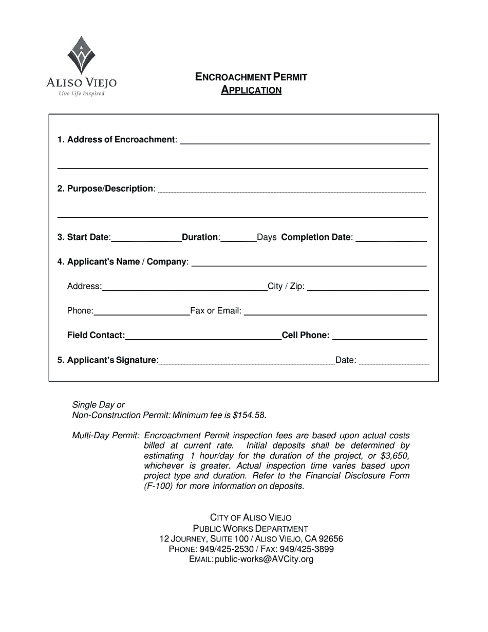 City Of Aliso Viejo California Encroachment Permit Application Fill