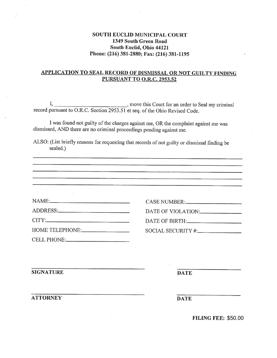 City Of South Euclid Ohio Application To Seal Record Of Dismissal Or