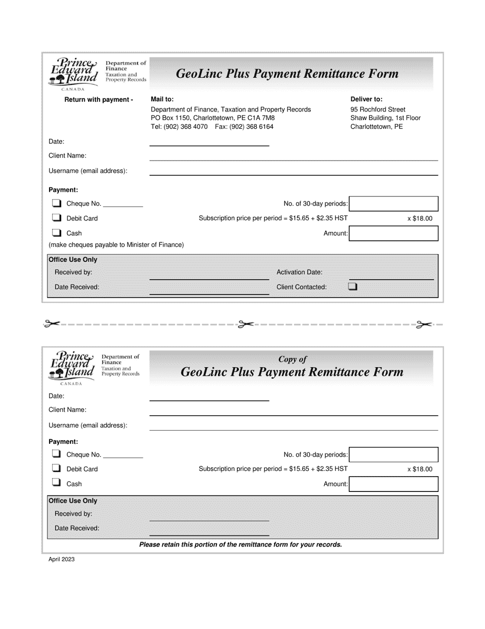 Prince Edward Island Canada Geolinc Plus Payment Remittance Form Fill