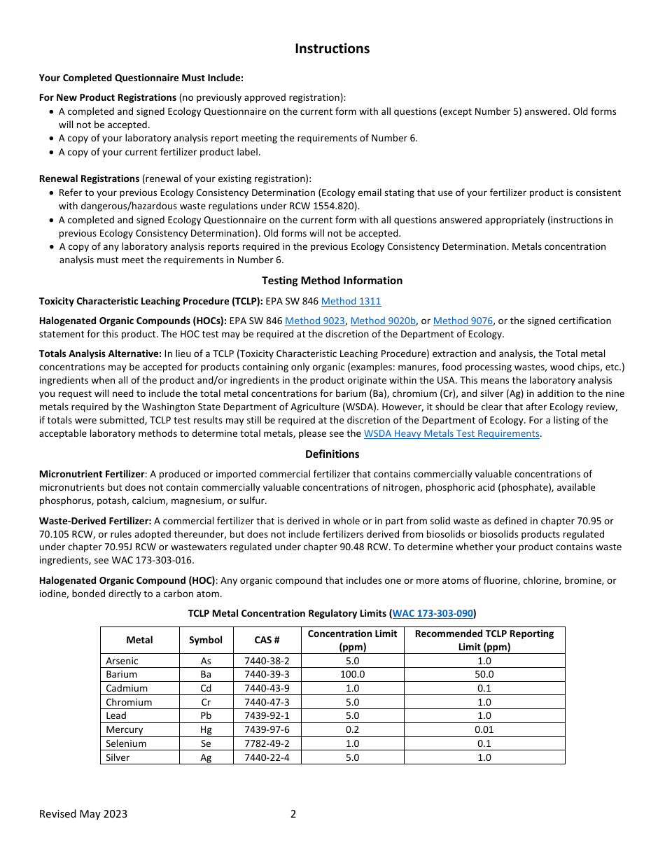 Washington Waste Derived Or Micronutrient Fertilizer Product